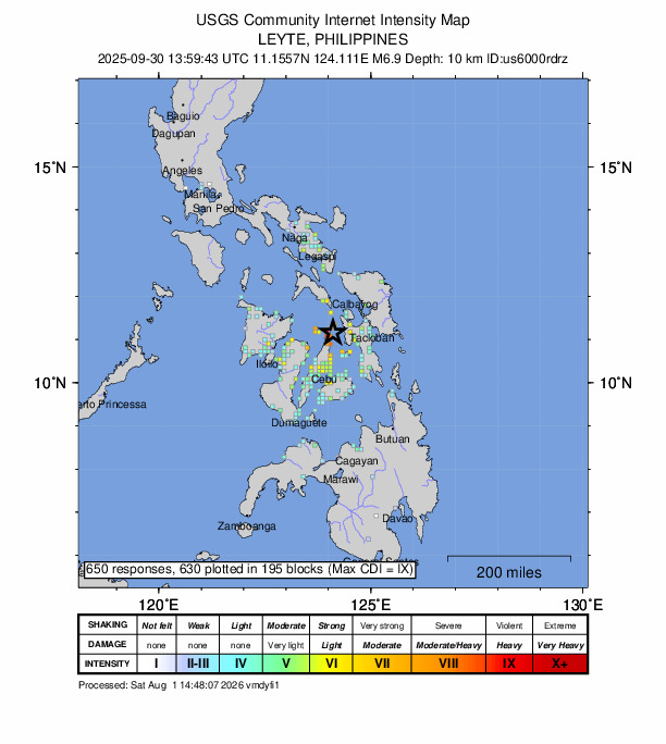 USGS DYFI community-reported intensity map for the M6.9 earthquake near 8 km ESE of Calape, Philippines