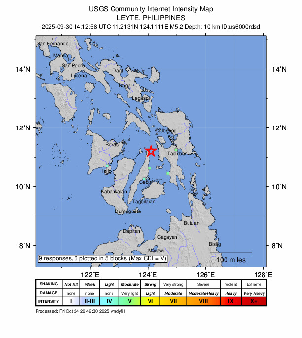 USGS DYFI community-reported intensity map for the M5.2 earthquake near 7 km ESE of Talisay, Philippines