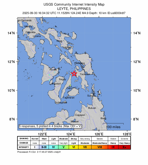 USGS DYFI community-reported intensity map for the M4.9 earthquake near 17 km WSW of Villaba, Philippines