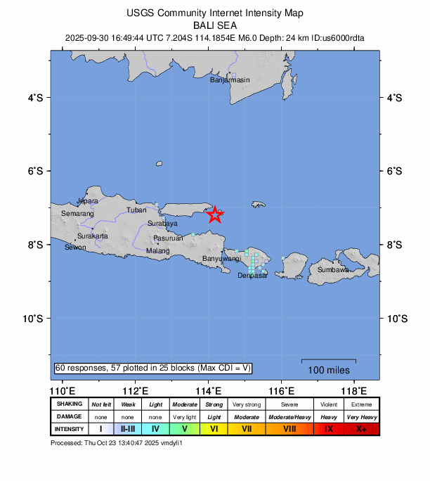 USGS DYFI community-reported intensity map for the M6.0 earthquake near 31 km ESE of Kalianget, Indonesia