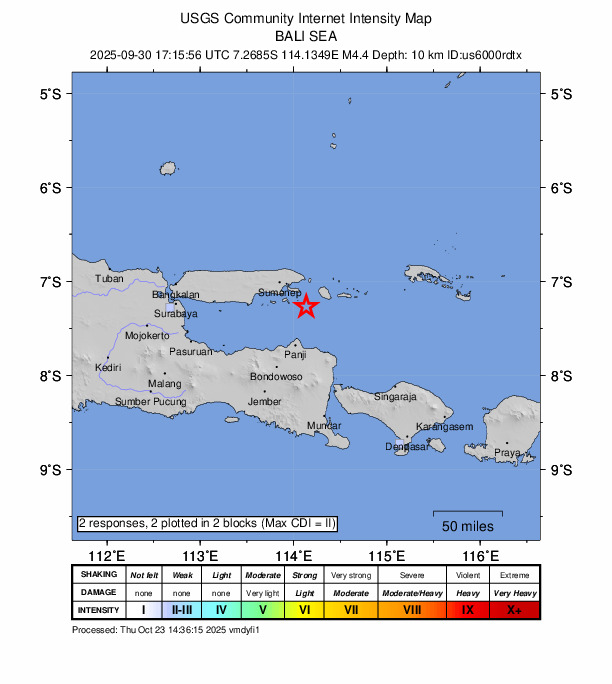 USGS DYFI community-reported intensity map for the M4.4 earthquake near 31 km SE of Kalianget, Indonesia