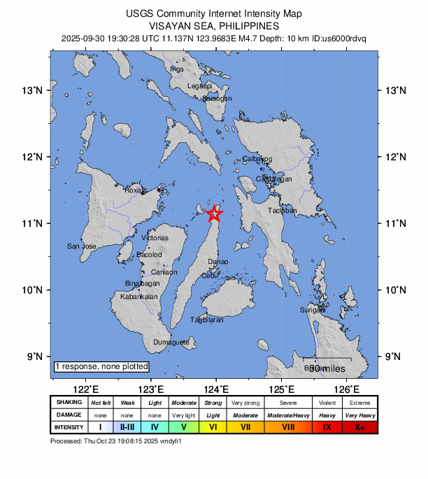 USGS DYFI community-reported intensity map for the M4.7 earthquake near 1 km NE of Medellin, Philippines