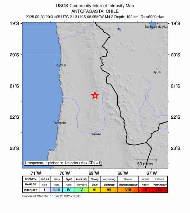 USGS DYFI community-reported intensity map for the M4.2 earthquake near 79 km W of Ollagüe, Chile
