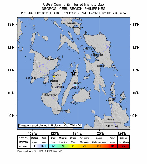 USGS DYFI community-reported intensity map for the M4.8 earthquake near 3 km E of Tabonok, Philippines