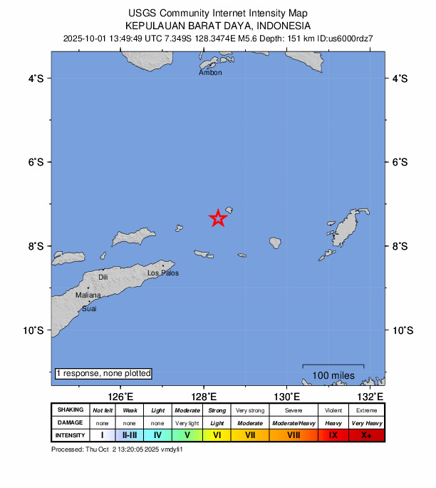 USGS DYFI community-reported intensity map for the M5.6 earthquake near 199 km NE of Lospalos, Timor Leste