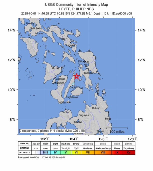 USGS DYFI community-reported intensity map for the M5.1 earthquake near 10 km SE of Anonang, Philippines