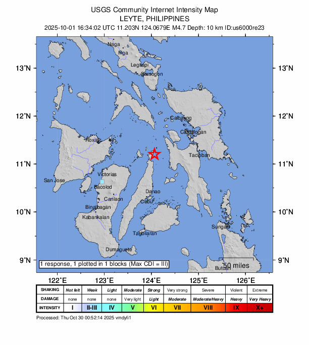 USGS DYFI community-reported intensity map for the M4.7 earthquake near 3 km ENE of Bagay, Philippines