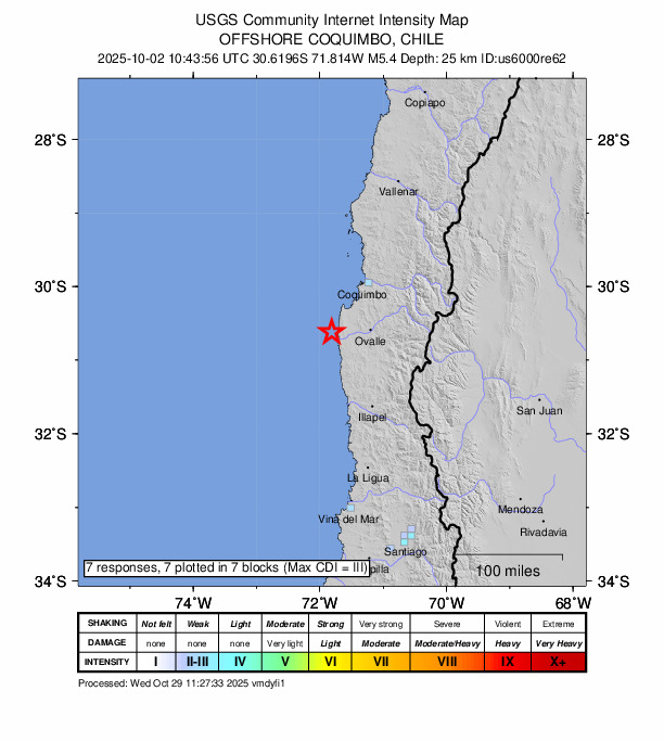 USGS DYFI community-reported intensity map for the M5.4 earthquake near 60 km W of Ovalle, Chile