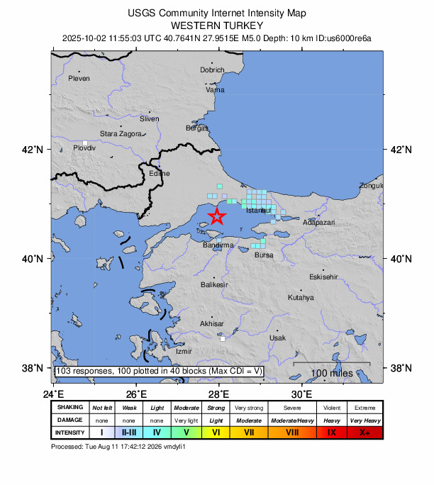 USGS DYFI community-reported intensity map for the M5.0 earthquake near 22 km S of Marmara Ereğlisi, Turkey