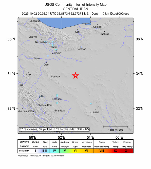 USGS DYFI community-reported intensity map for the M5.0 earthquake near 78 km NE of Ardestān, Iran