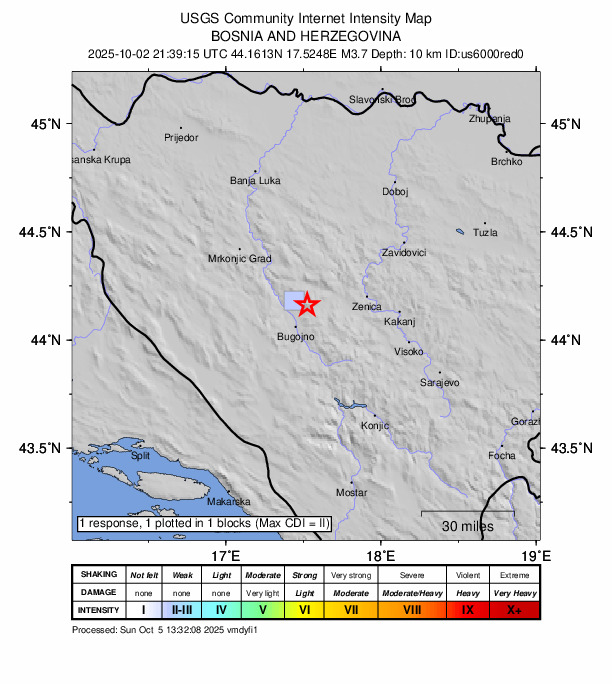 USGS DYFI community-reported intensity map for the M3.7 earthquake near 9 km SSW of Turbe, Bosnia and Herzegovina
