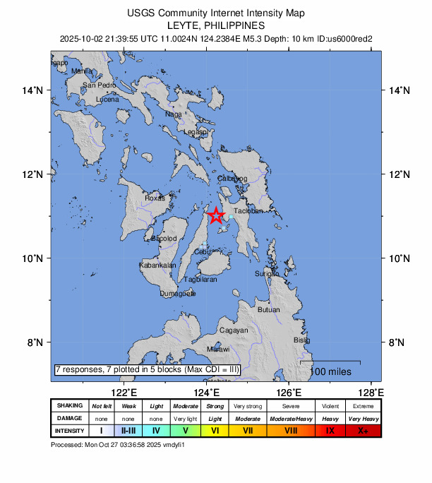USGS DYFI community-reported intensity map for the M5.3 earthquake near 16 km WSW of Palompon, Philippines
