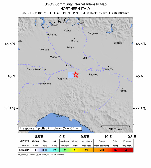 USGS DYFI community-reported intensity map for the M3.0 earthquake near 1 km SE of Montescano, Italy