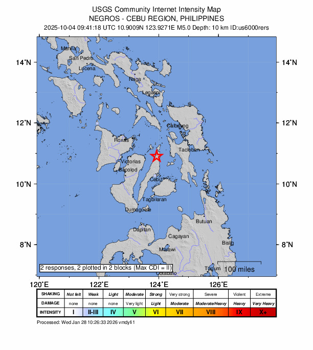 USGS DYFI community-reported intensity map for the M5.0 earthquake near 3 km E of Maravilla, Philippines