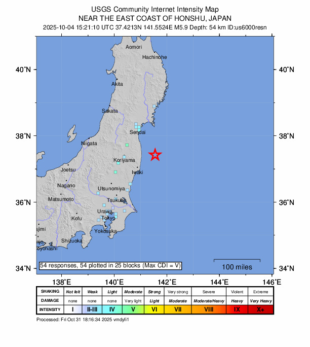 USGS DYFI community-reported intensity map for the M5.9 earthquake near 48 km ENE of Tomioka, Japan
