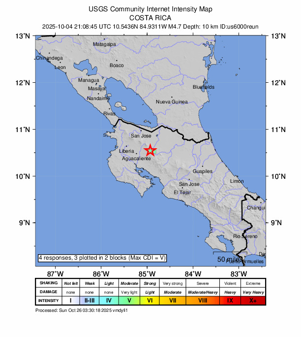 USGS DYFI community-reported intensity map for the M4.7 earthquake near 9 km NNE of Tilarán, Costa Rica