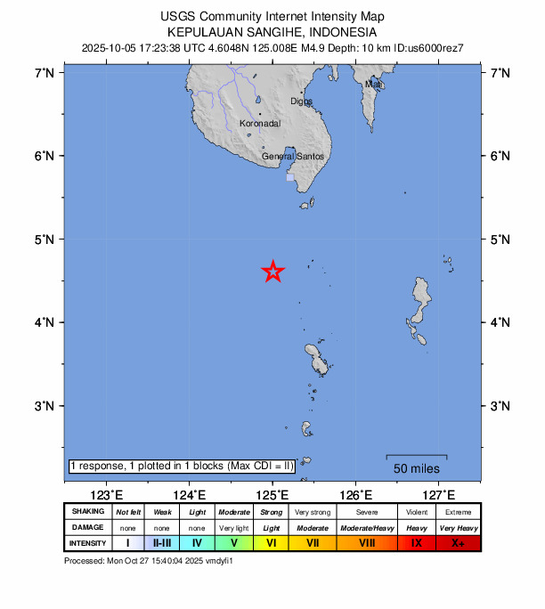 USGS DYFI community-reported intensity map for the M4.9 earthquake near 101 km SSW of Sarangani, Philippines