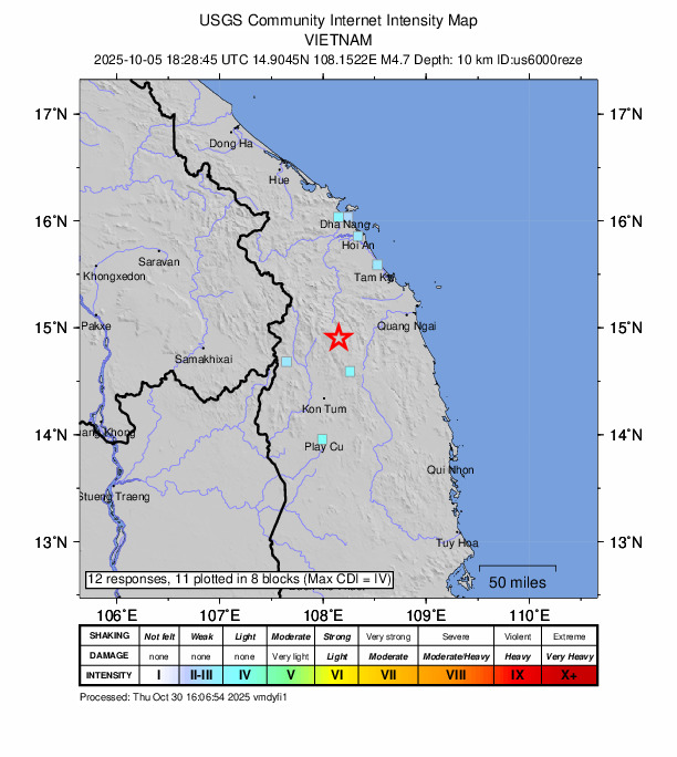 USGS DYFI community-reported intensity map for the M4.7 earthquake near 48 km S of Trà My, Vietnam
