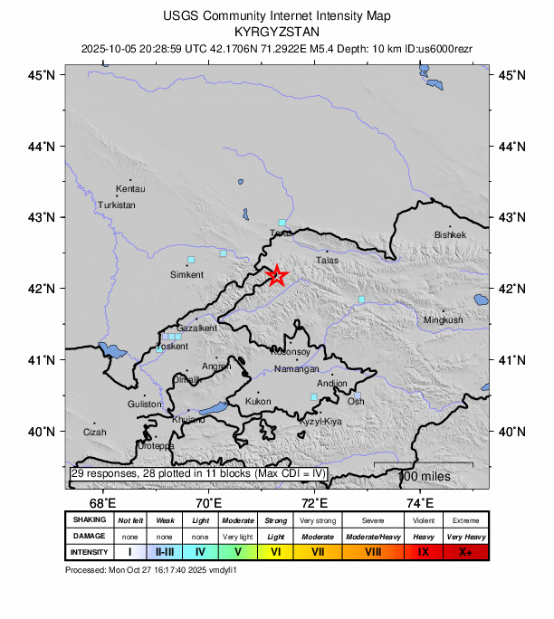 USGS DYFI community-reported intensity map for the M4.9 earthquake near 46 km NNE of Kanysh-Kyya, Kyrgyzstan