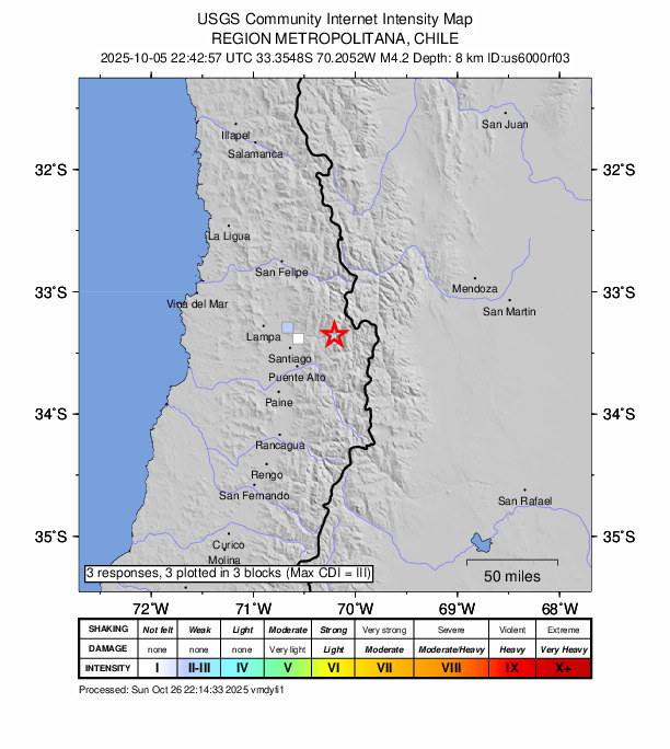 USGS DYFI community-reported intensity map for the M4.2 earthquake near 36 km ENE of Villa Presidente Frei, Chile