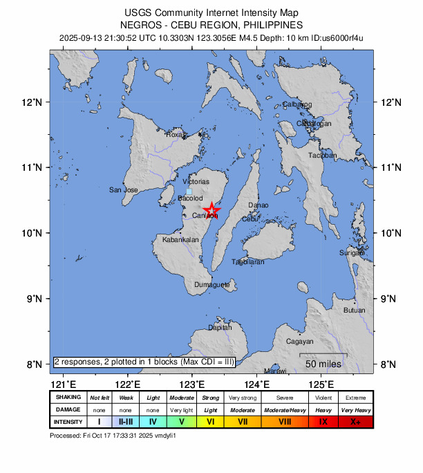 USGS DYFI community-reported intensity map for the M4.5 earthquake near 1 km WSW of Malaiba, Philippines