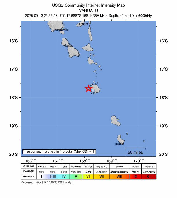 USGS DYFI community-reported intensity map for the M4.4 earthquake near 18 km WNW of Port-Vila, Vanuatu