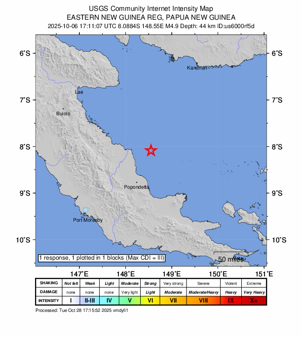 USGS DYFI community-reported intensity map for the M4.9 earthquake near 82 km NNE of Popondetta, Papua New Guinea