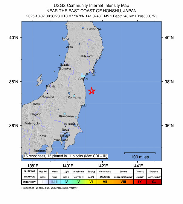 USGS DYFI community-reported intensity map for the M5.1 earthquake near 27 km ENE of Namie, Japan