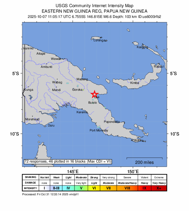 USGS DYFI community-reported intensity map for the M6.6 earthquake near 17 km W of Lae, Papua New Guinea