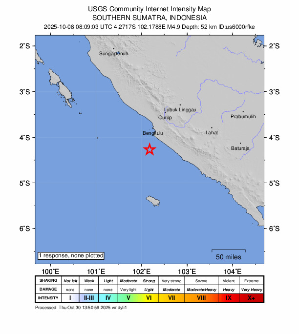 USGS DYFI community-reported intensity map for the M4.9 earthquake near 52 km S of Bengkulu, Indonesia