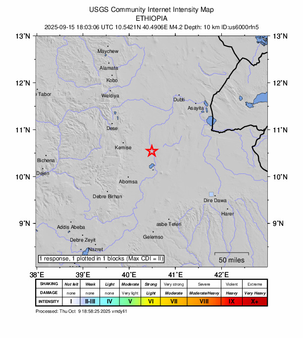 USGS DYFI community-reported intensity map for the M4.2 earthquake near 44 km NNW of Gewanē, Ethiopia