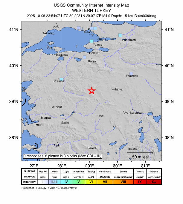 USGS DYFI community-reported intensity map for the M4.9 earthquake near 17 km WSW of Emet, Turkey