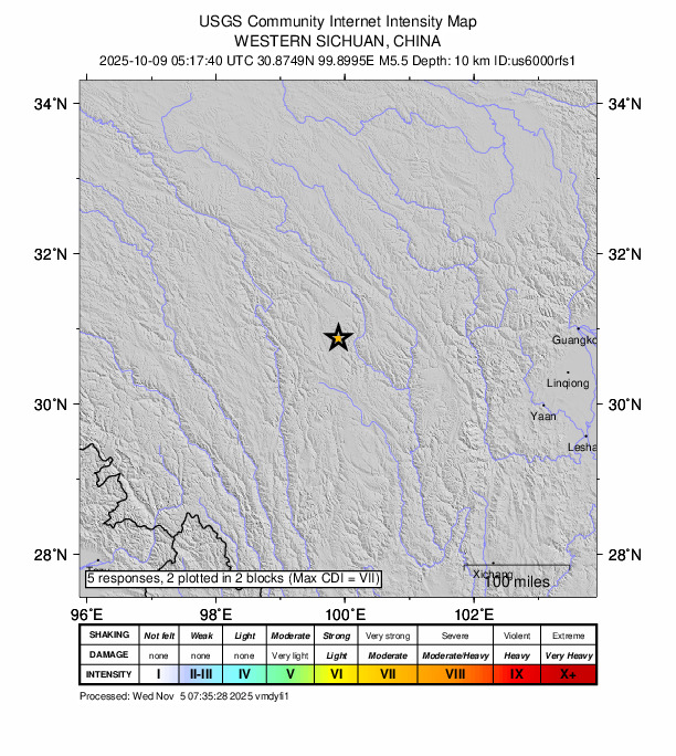 USGS DYFI community-reported intensity map for the M5.5 earthquake near 208 km N of Daocheng, China