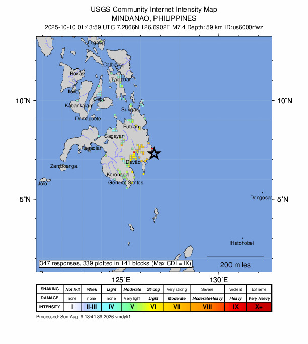 USGS DYFI community-reported intensity map for the M7.4 earthquake near 12 km E of Santiago, Philippines