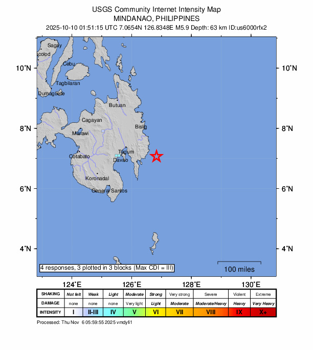 USGS DYFI community-reported intensity map for the M5.9 earthquake near 36 km ESE of Manay, Philippines