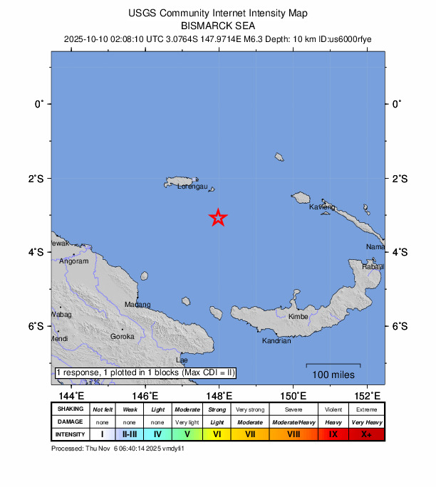 USGS DYFI community-reported intensity map for the M6.3 earthquake near 139 km SE of Lorengau, Papua New Guinea