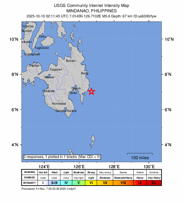 USGS DYFI community-reported intensity map for the M5.6 earthquake near 27 km ESE of San Ignacio, Philippines
