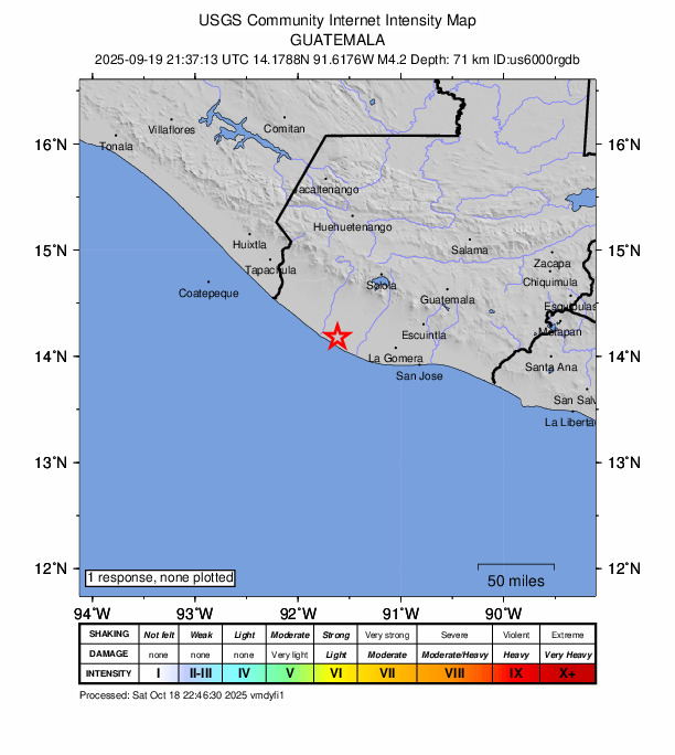 USGS DYFI community-reported intensity map for the M4.2 earthquake near 30 km WSW of Tiquisate, Guatemala