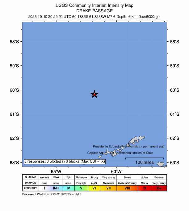 USGS DYFI community-reported intensity map for the M7.6 earthquake near Drake Passage