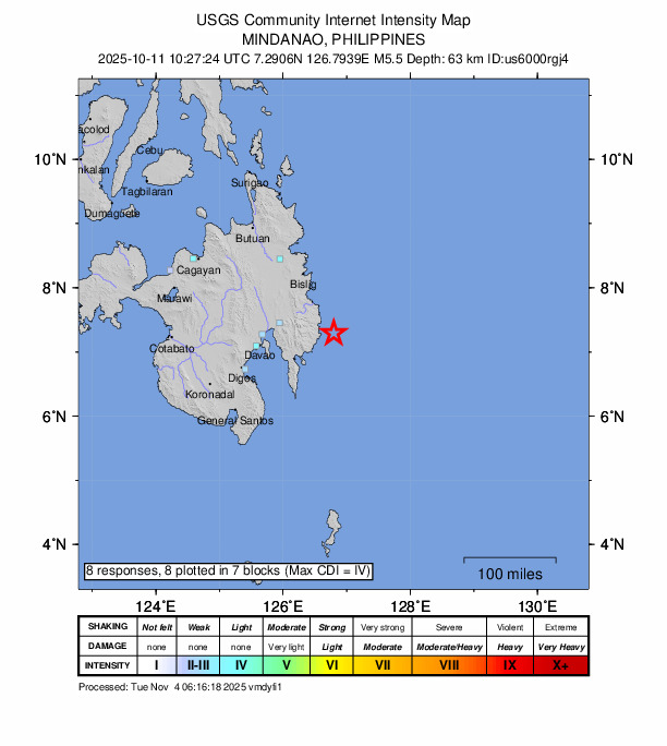 USGS DYFI community-reported intensity map for the M5.5 earthquake near 28 km E of Santiago, Philippines