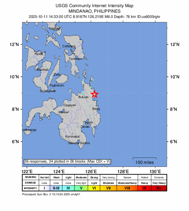 USGS DYFI community-reported intensity map for the M6.0 earthquake near 3 km ESE of Bacolod, Philippines
