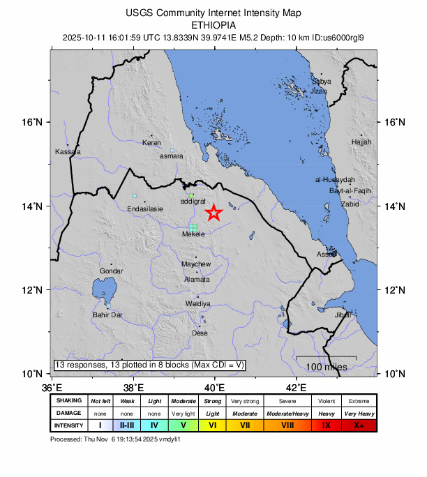 USGS DYFI community-reported intensity map for the M5.2 earthquake near 61 km NE of Mek'ele, Ethiopia