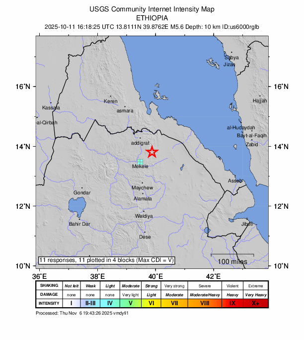 USGS DYFI community-reported intensity map for the M5.6 earthquake near 55 km NE of Mek'ele, Ethiopia