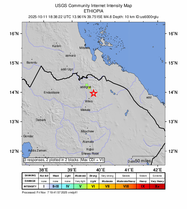 USGS DYFI community-reported intensity map for the M4.8 earthquake near 46 km SE of Ādīgrat, Ethiopia