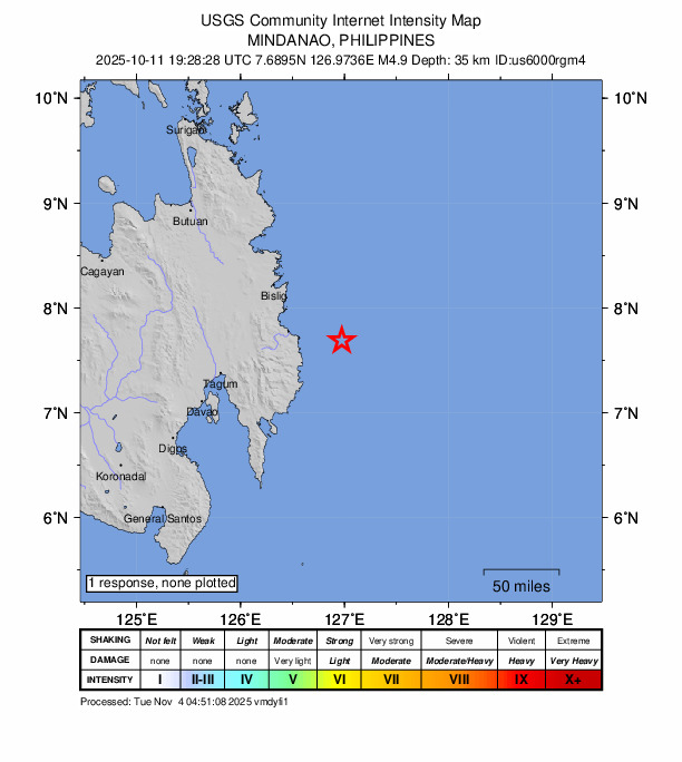 USGS DYFI community-reported intensity map for the M4.9 earthquake near 46 km E of Kinablangan, Philippines