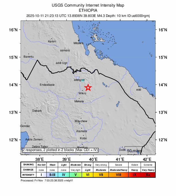 USGS DYFI community-reported intensity map for the M4.3 earthquake near 56 km SE of Ādīgrat, Ethiopia