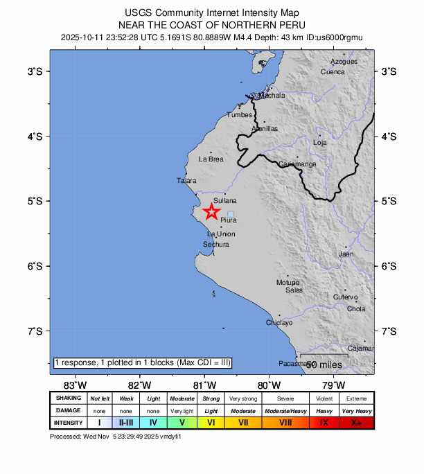 USGS DYFI community-reported intensity map for the M4.4 earthquake near 24 km W of San Martin, Peru