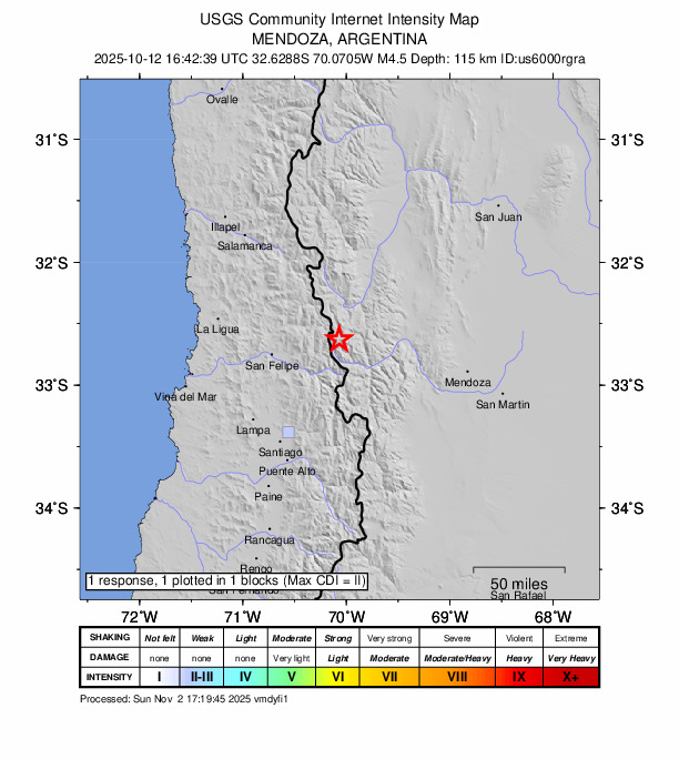 USGS DYFI community-reported intensity map for the M4.5 earthquake near 54 km ENE of Los Andes, Chile