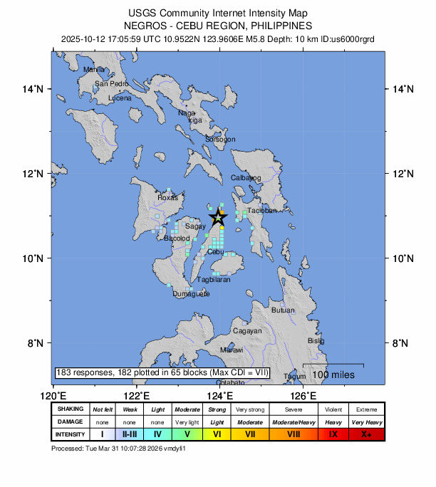USGS DYFI community-reported intensity map for the M5.8 earthquake near 4 km ESE of Tambongon, Philippines