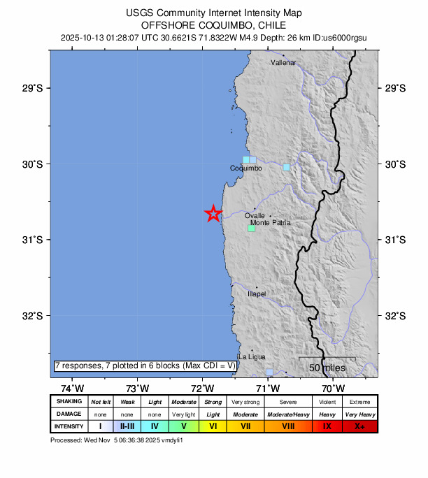 USGS DYFI community-reported intensity map for the M4.9 earthquake near 61 km W of Ovalle, Chile
